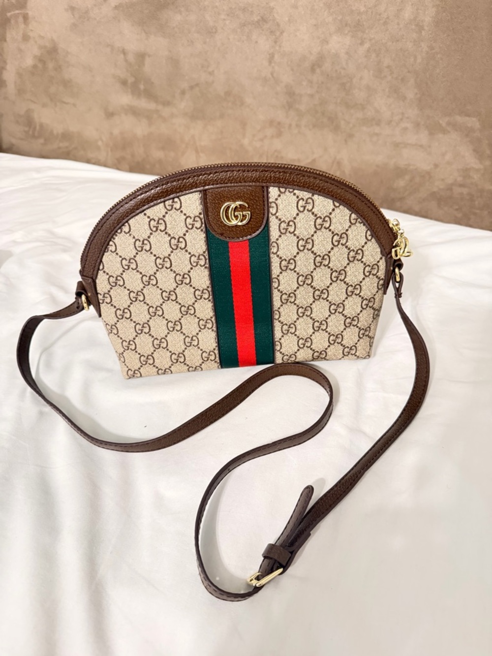 Canvas Crossbody with Brown Trim and Green-Red Web